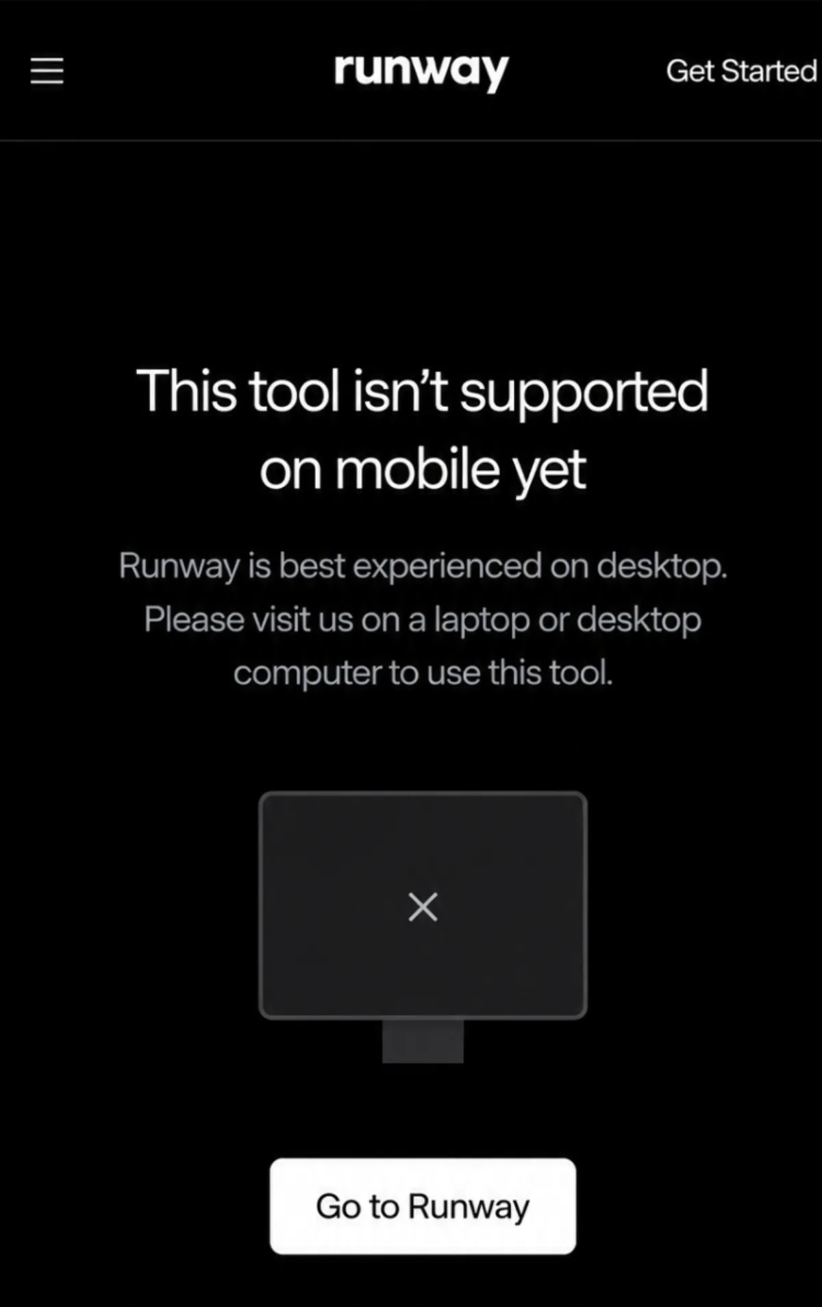 Interface do Runway no navegador de um dispositivo m&oacute;vel, com bot&otilde;es sobrepostos e um editor de v&iacute;deo recolhido.